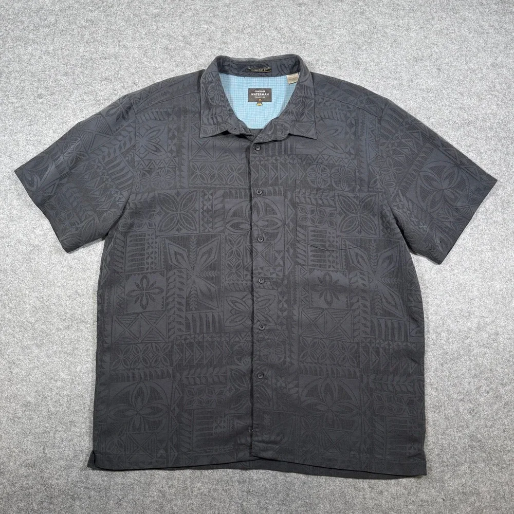 Quiksilver Waterman Aganoa Bay Shirt Mens XXL EUC Black Tribal Camp Short Sleeve - Picture 2 of 11